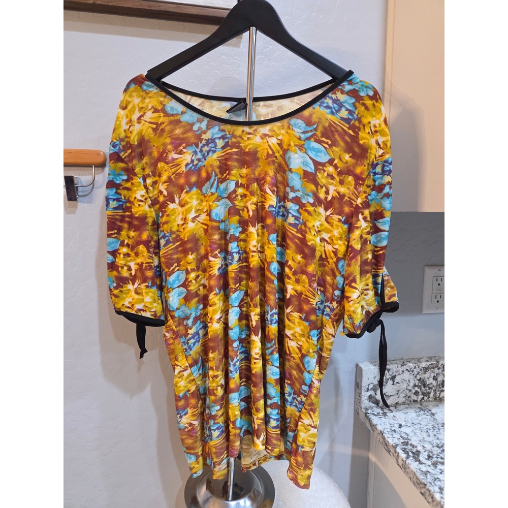 Jonathan Martin Floral Tunic Plus Size 2X Brown Yellow Blue Tie Sleeve Blouse